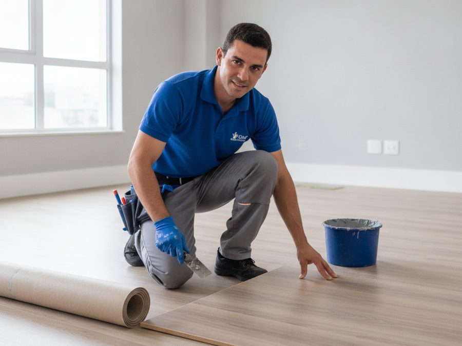 Instalador assentando piso vinílico